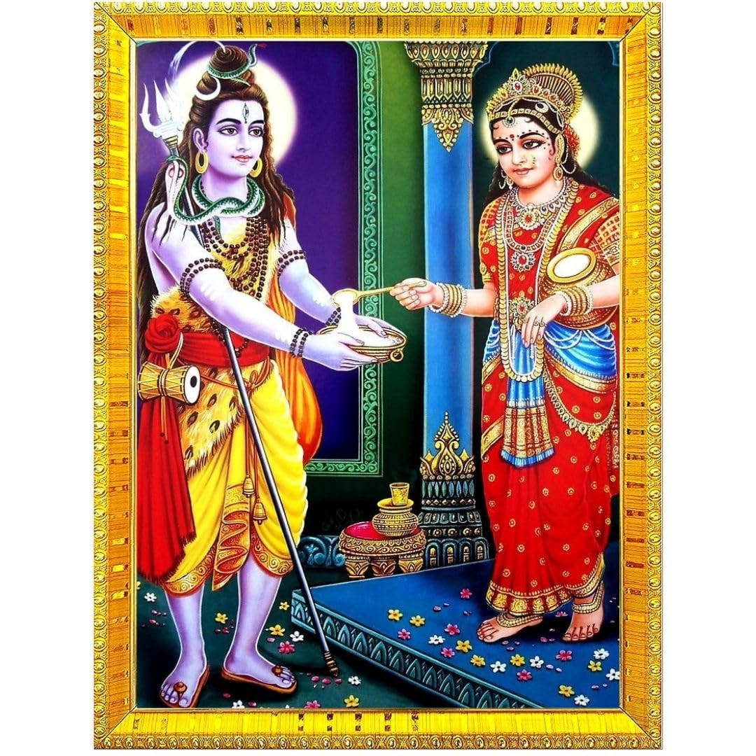 Lord Shiva with Mata Annapurna Sacred Acrylic Photo Frame | Blessed from Kashi Temples | Ideal Spiritual Gift for Home, Kitchen & Ann Bhandar | Golden, (10x12 inch)