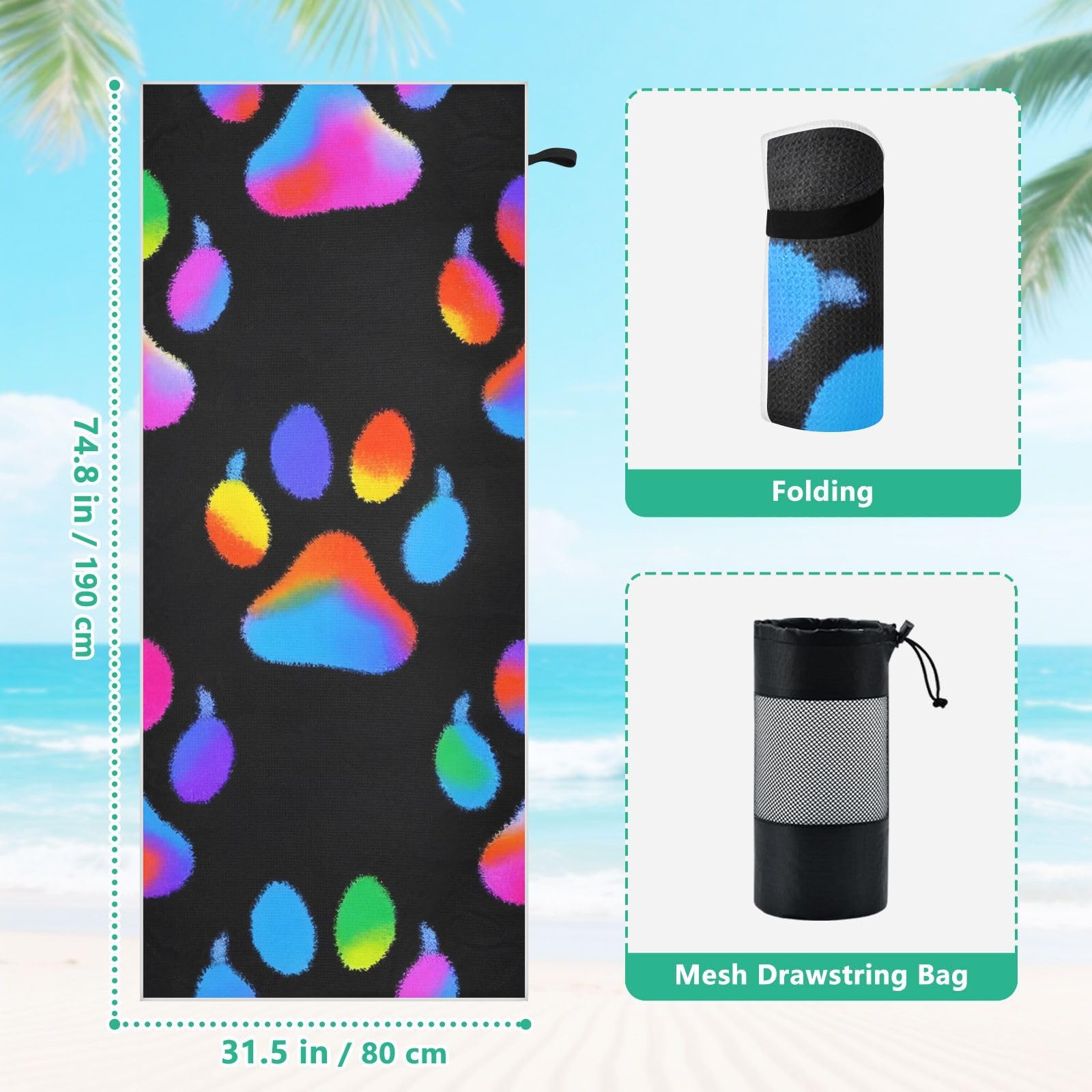 Toallas de playa grandes con bolsas de malla para adultos, toalla de baño de pata de perro neón con cierre magnético, toalla absorbente de secado rápido para piscina, camping y viajes, 190 x 80