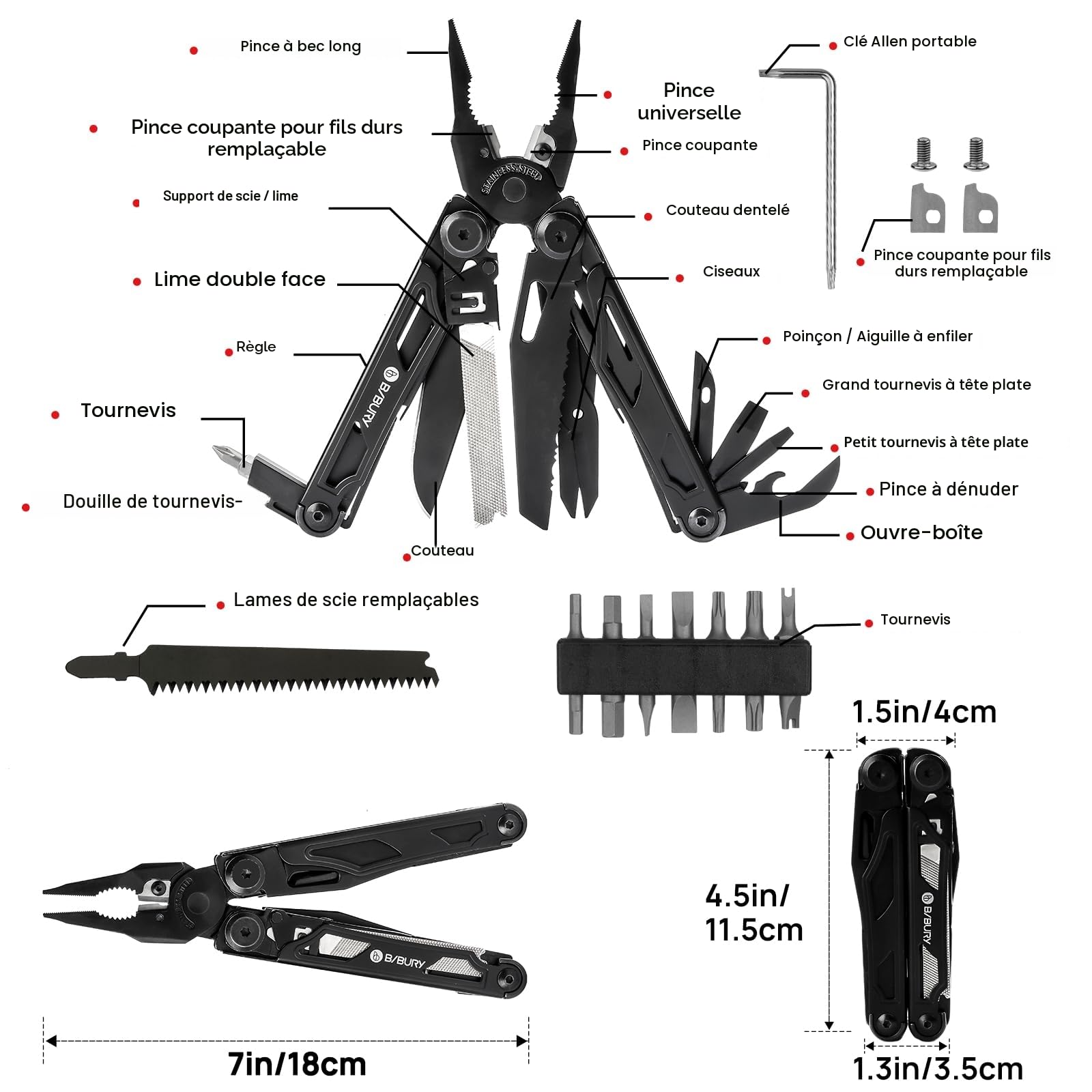 BIBURY Pince Multifonctions en Acier Inoxydable, Outil Multifonction avec Ciseaux, Scie et de Tournevis Interchangeables, Multitool pour Extérieur, Camping, Randonnée, Idee Cadeau Homme Original