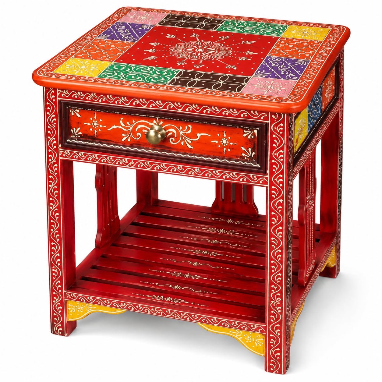 Traditional Hand Painted Wooden Bedside Table with Drawer & Shelf, Nightstand End Table for Bedroom, Living Room Accent Side Table, Handmade Indian Artisan Furniture, 18 Inch / 45 Cm-image-1