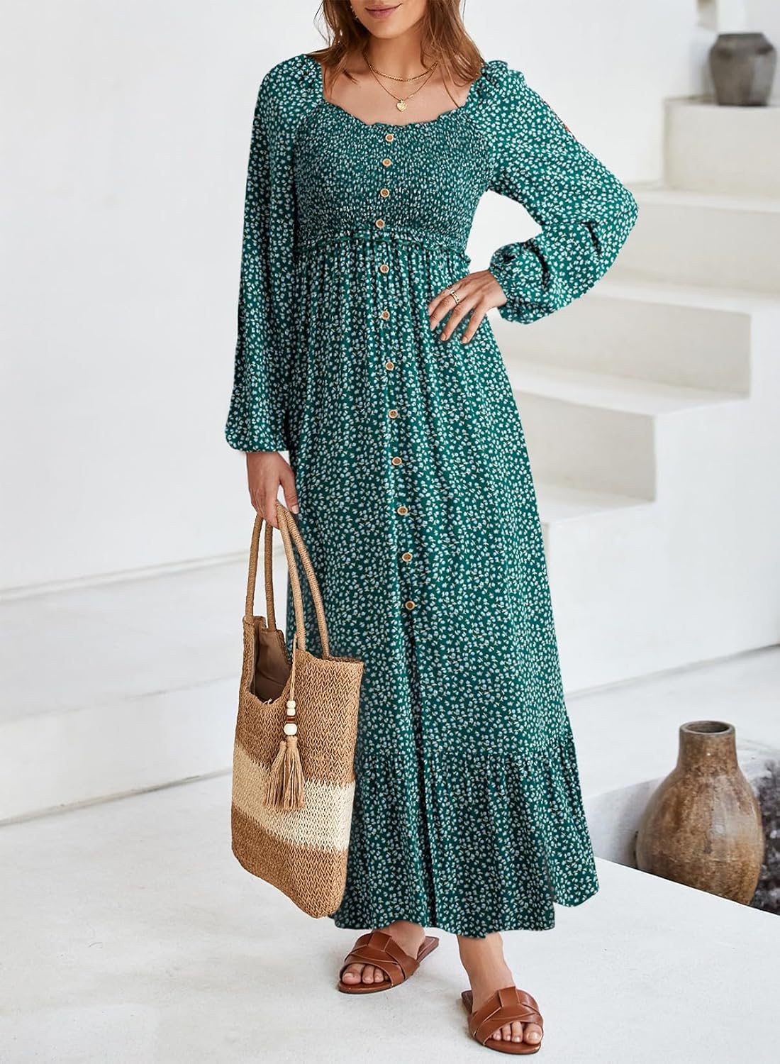 Dokotoo Womens Dresses Boho Floral Smocked Empire Waist Square Neck Long Sleeve Button Maxi Dress Beach Vacation Sundresses image 4