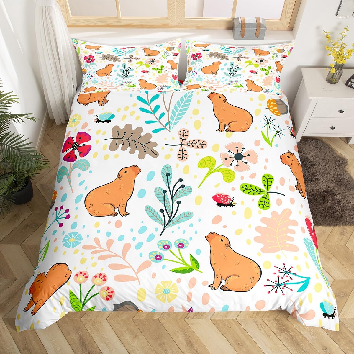 Homewish Capybara Duvet Cover Double Size, Cute Cartoon Animals Bedding Set for Kids Boys Girls Bedroom Decor, Colorful Botanical Florals Plants Comforter Cover, Spring Theme Bed Sets, White