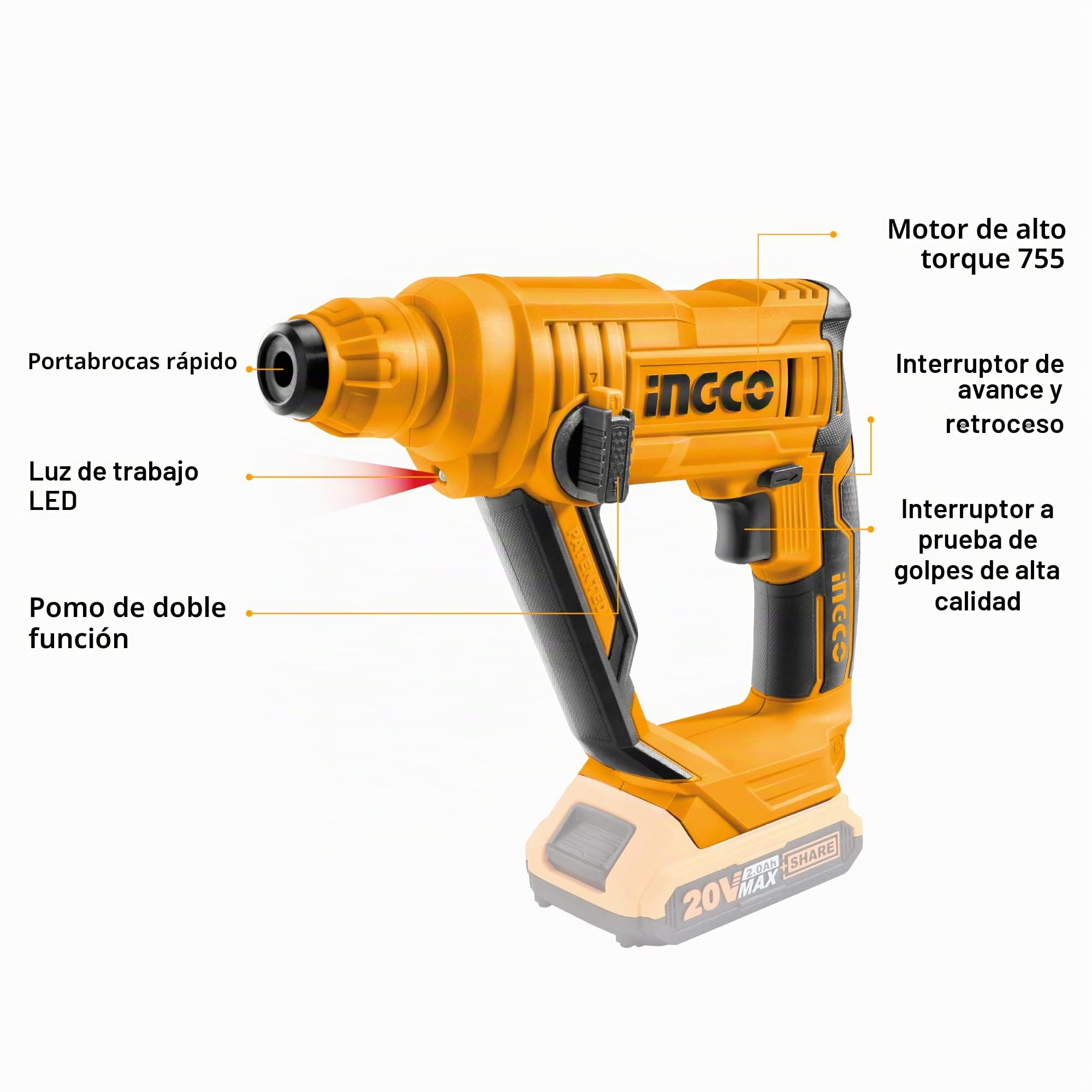 Martillo Perforador Inalámbrica INGCO 20V 4.0 Ah Batería Professional con 3 brocas SDS-Plus, 1.5J Φ13 máxi en hormigón, 2 en 1 rotación, luz LED