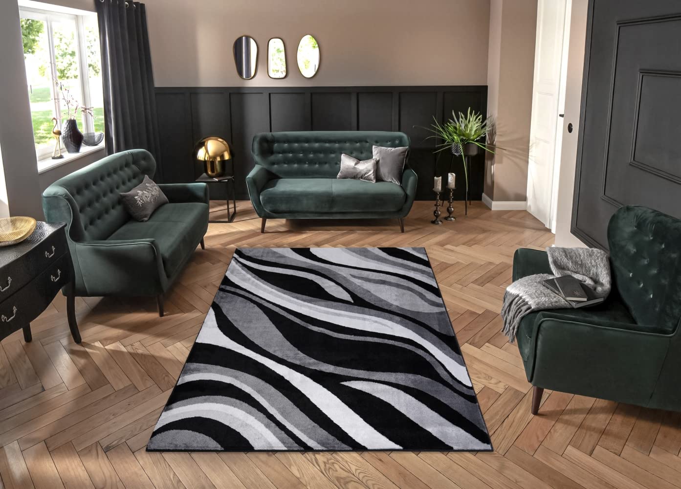 HT DesignRectangular Area Rug for Living Room, Abstract Black/Grey 7x10 Modern Rugs, Easy to Clean, Pet Friendly Indoor Carpet for Living Room