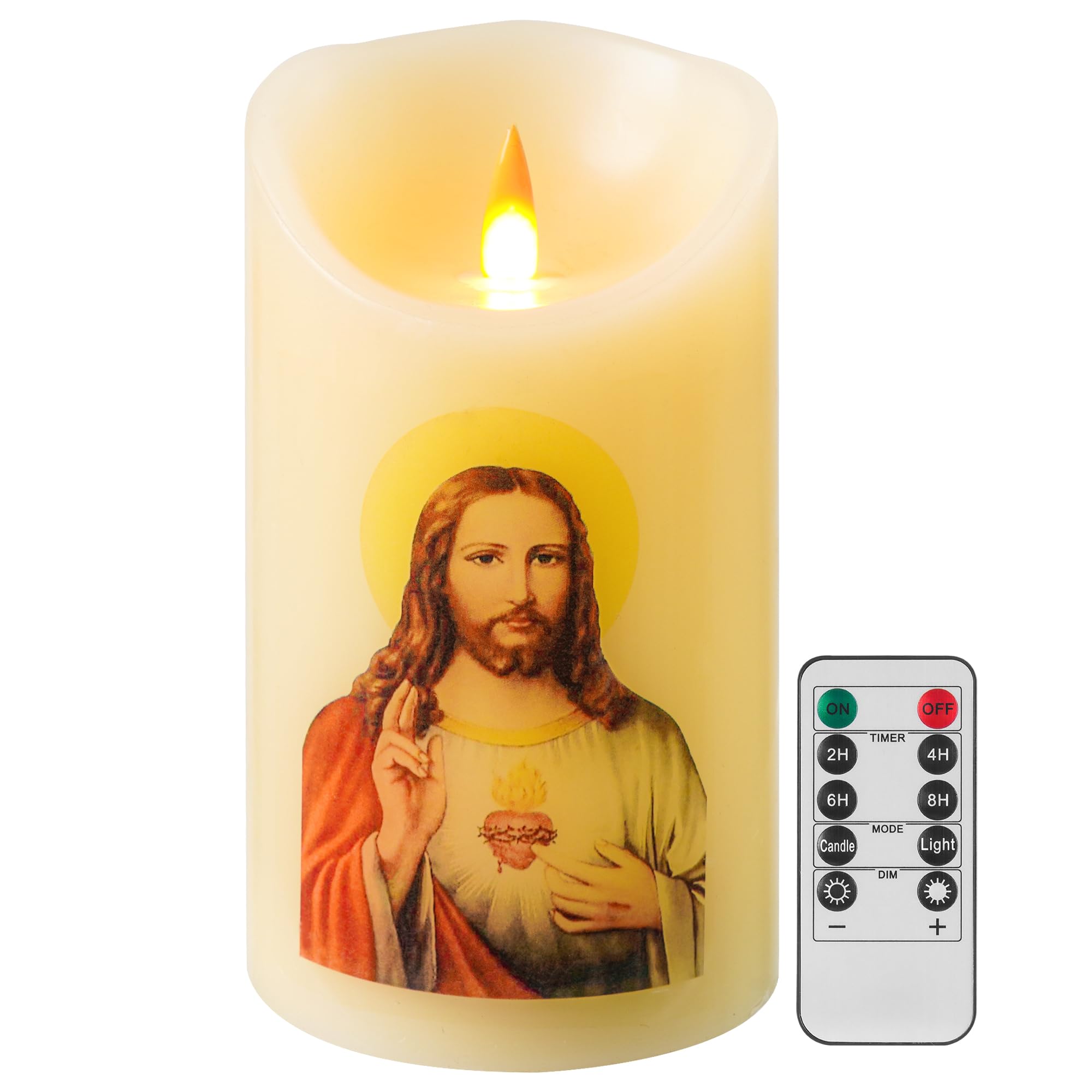 QQFCTOO LED Gebet Flammenlose Kerze mit Fernbedienung Timer, batteriebetriebene Kerze, religiöse Kerze, echtes Wachs für zu Hause Altar, Kirche, Andacht, 6 "x 3,2" (Heiligstes Herz Jesu)