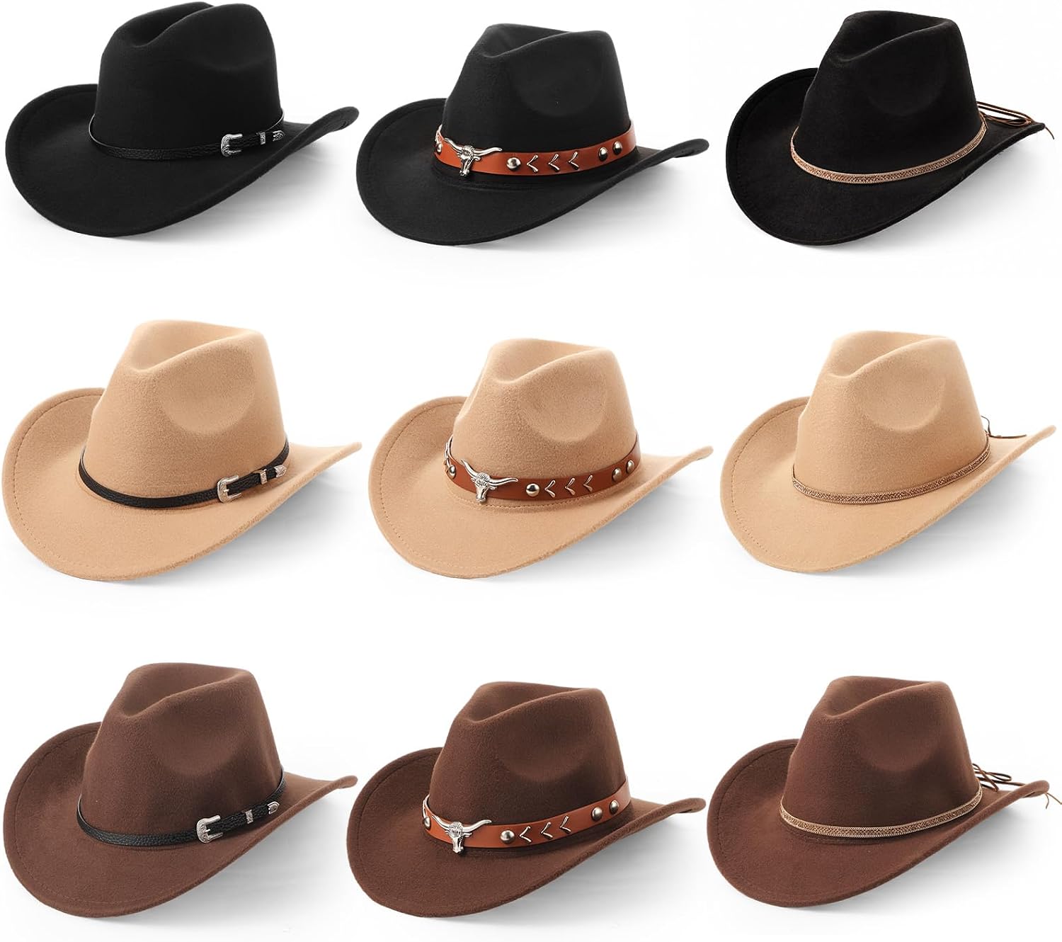 Hercicy 9 Sets Western Cowboy Hats Bulk 3 Styles Felt Cowgirl Hats with Adjustable Bands for Women Men