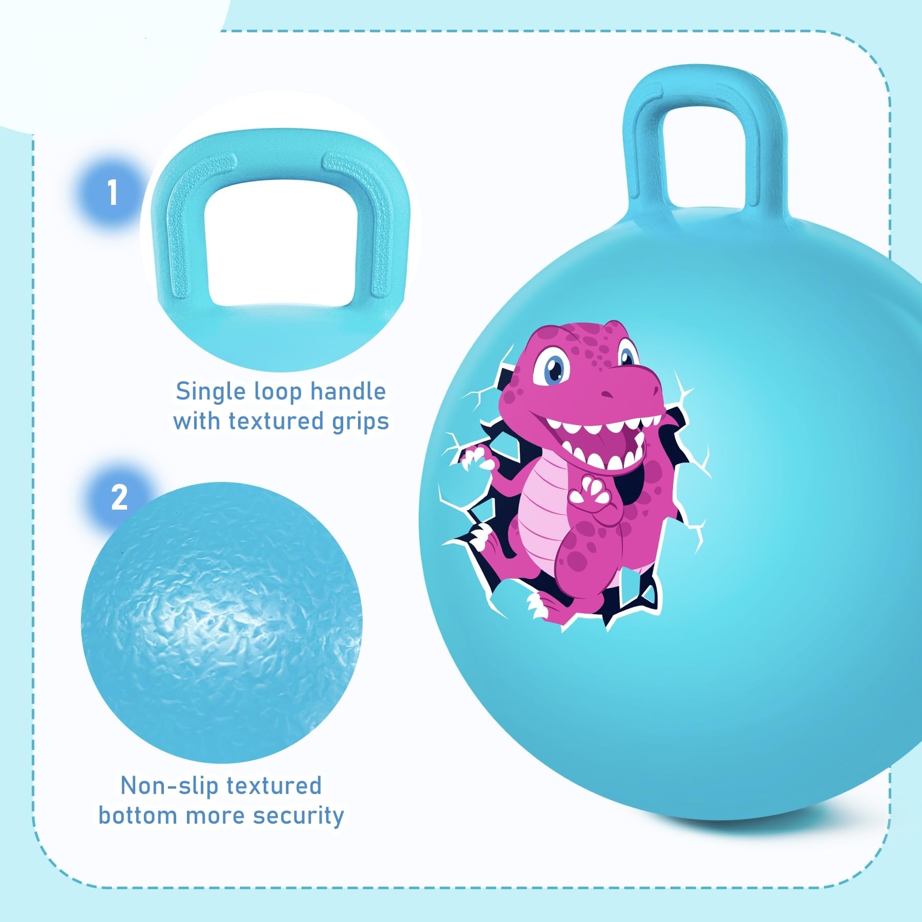 INPODAK 18inch Space Hoppers for Kids Age 3-8 Blue Dinosaur Space Hopper Anti-slip Hopper Ball with Handle Inflatable Jumping Balls with Handpump Jumping toy for Boy Girls Indoor Outdoor Garden Game - Image 3