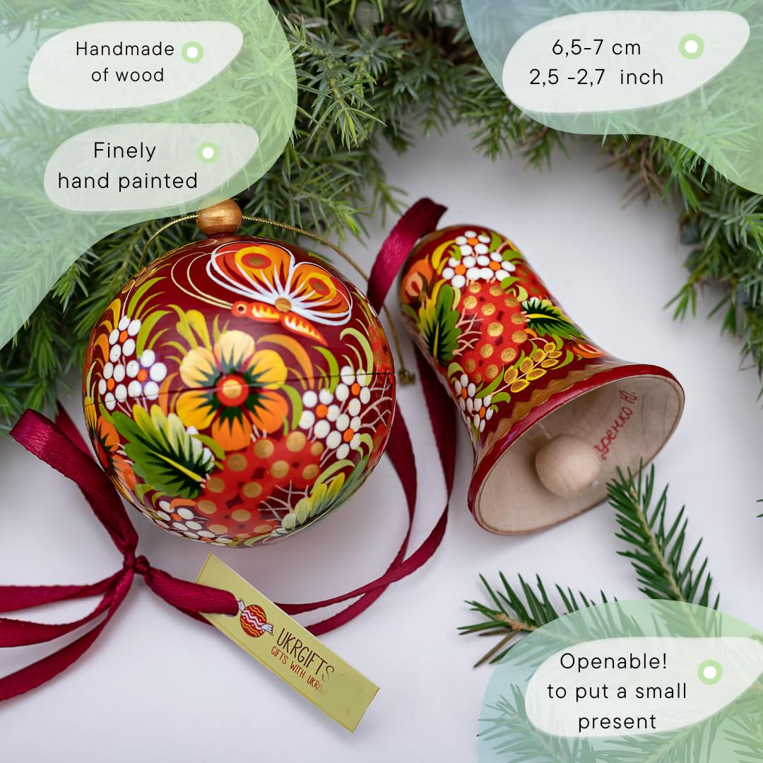 Exklusiver Weihnachtsschmuck Set aus Holz - Christbaumkugel und Glöckchen. Glocke 6.5 und Christbaumkugel 7 cm, lässt sich öffnen, Traditionelles Kunsthandwerk