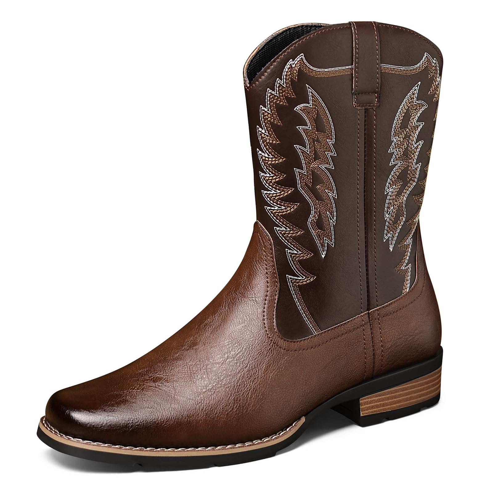 Photo 1 of Fionnian Men's Western Cowboy Boots, Square Toe Classic Embroidery With Side Zipper, Black Brown Chunky Heel Slip Resistant Durable Mid-Calf Country Work Boots for Male (Brown 10.5)