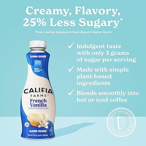 Miniatura 4 de Califia Farms - Crema de café con leche de almendras de vainilla con crema de coco 254 oz  Sin lácteos  Sin soja  Base vegetal  Vegano  Sin OMG  Sin
