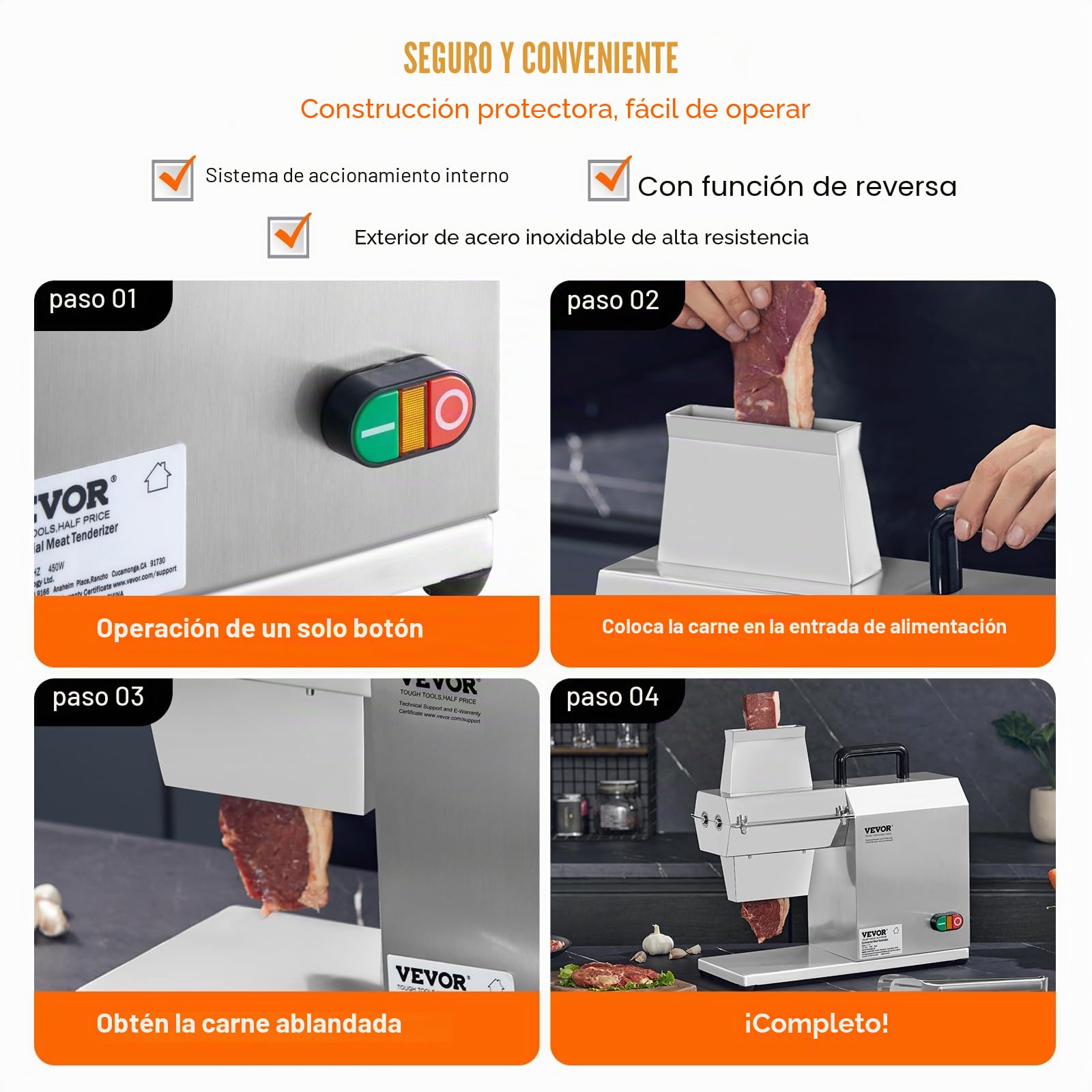 VEVOR Ablandador de Carne Eléctrico Comercial 450 W Máquina Ablandadora de Carne Acero Inoxidable 120 kg/h con 54 Cuchillas Herramienta para Ablandar Carne para Preparar Filete Pollo Cerdo