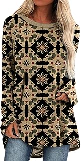 Cobiako Womens Long Sleeve Tunic Tops Western Aztec Printed Oversized Casual Loose Fit Retro Graphic T-Shirt Top Dressy