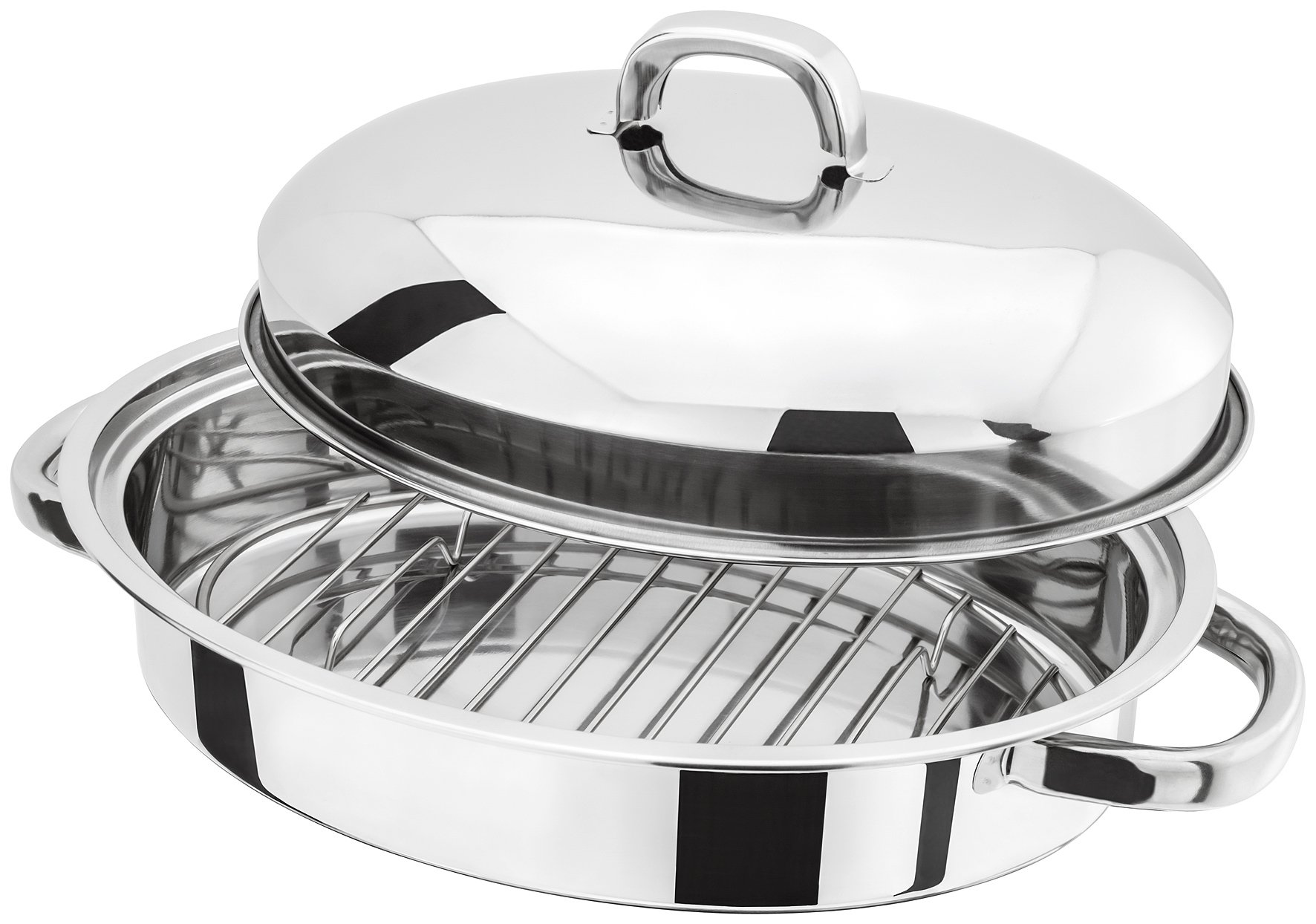 Judge Speciality Stainless Steel Oval Roaster with Rack and Lid, 23cm x 32cm x 12cm, Oven Safe, Gift Box