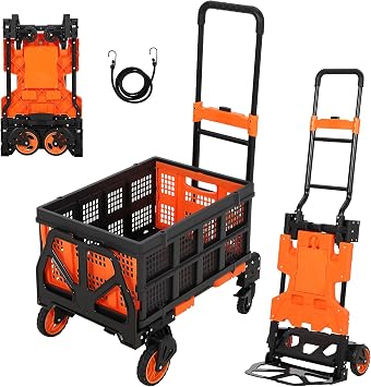 ACEKOOL 2-in-1 Folding Hand Truck with Collapsible Basket, 330 Lb Capacity Flatbed Cart, Retractable Handle & 4 Wheels, Includes Bungee Cord for Moving, Luggage, Orange
