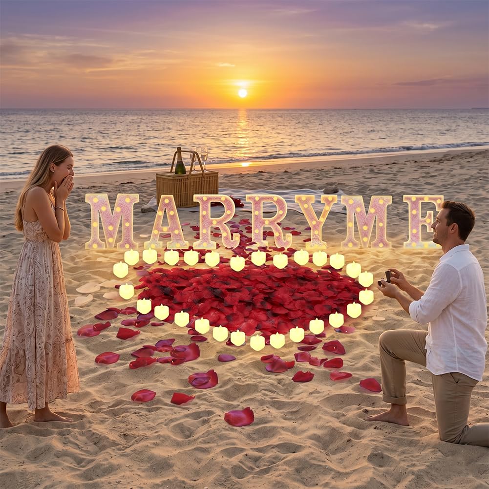 LOMUG Rosa MARRY ME Leuchtbuchstaben als Dekoration für Heiratsanträge, MARRY ME-Schild mit 24 flammenlosen Herzkerzen, 2000 Rosenblättern für Heiratsanträge, romantische Nachtdekoration