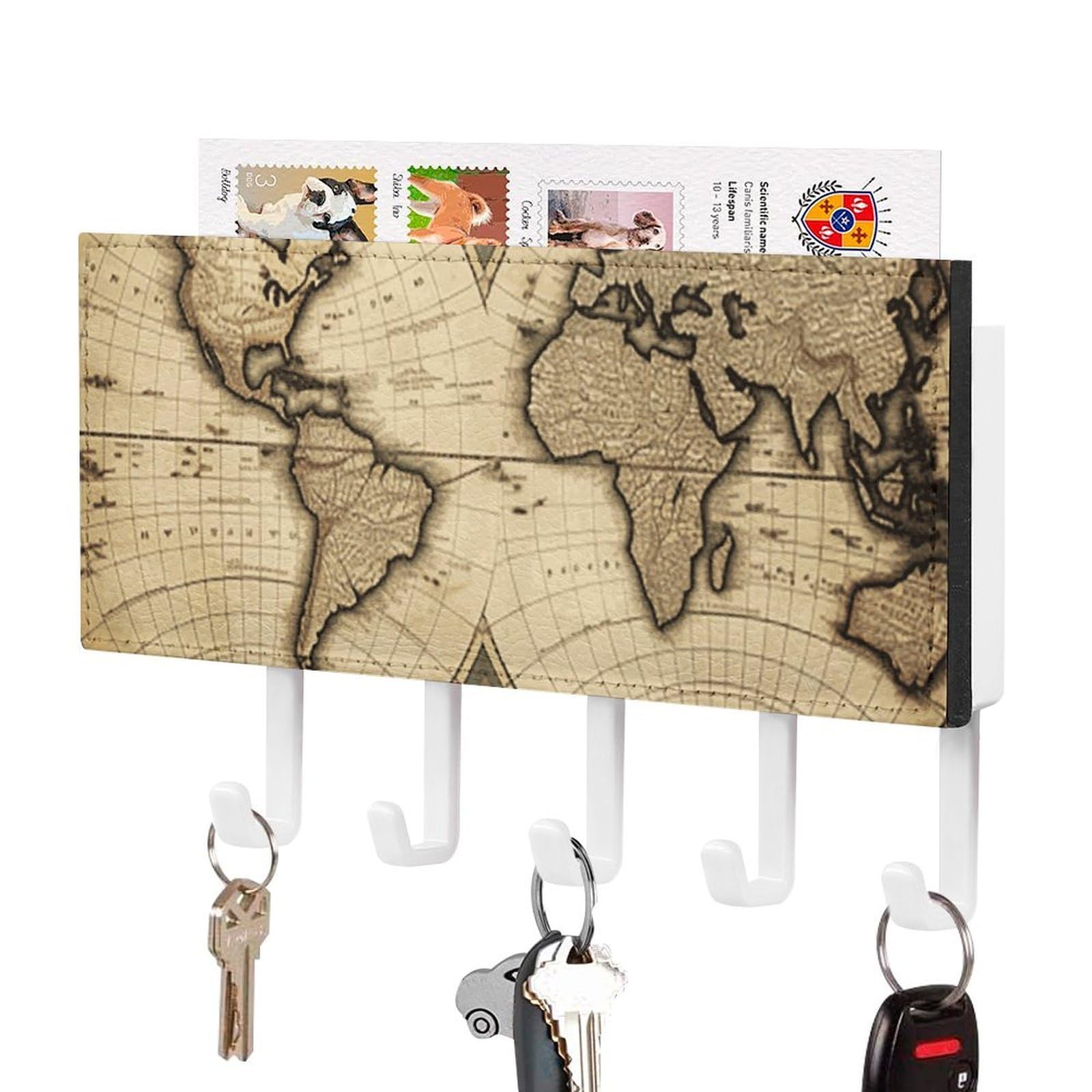 JTREHY World Map Holder Wall-Mounted Key and Mail Holder,Key Rack with 5Keys Hooks, Easy to Install Mail Organizer for Entryway, Front Door, Hallway, Office