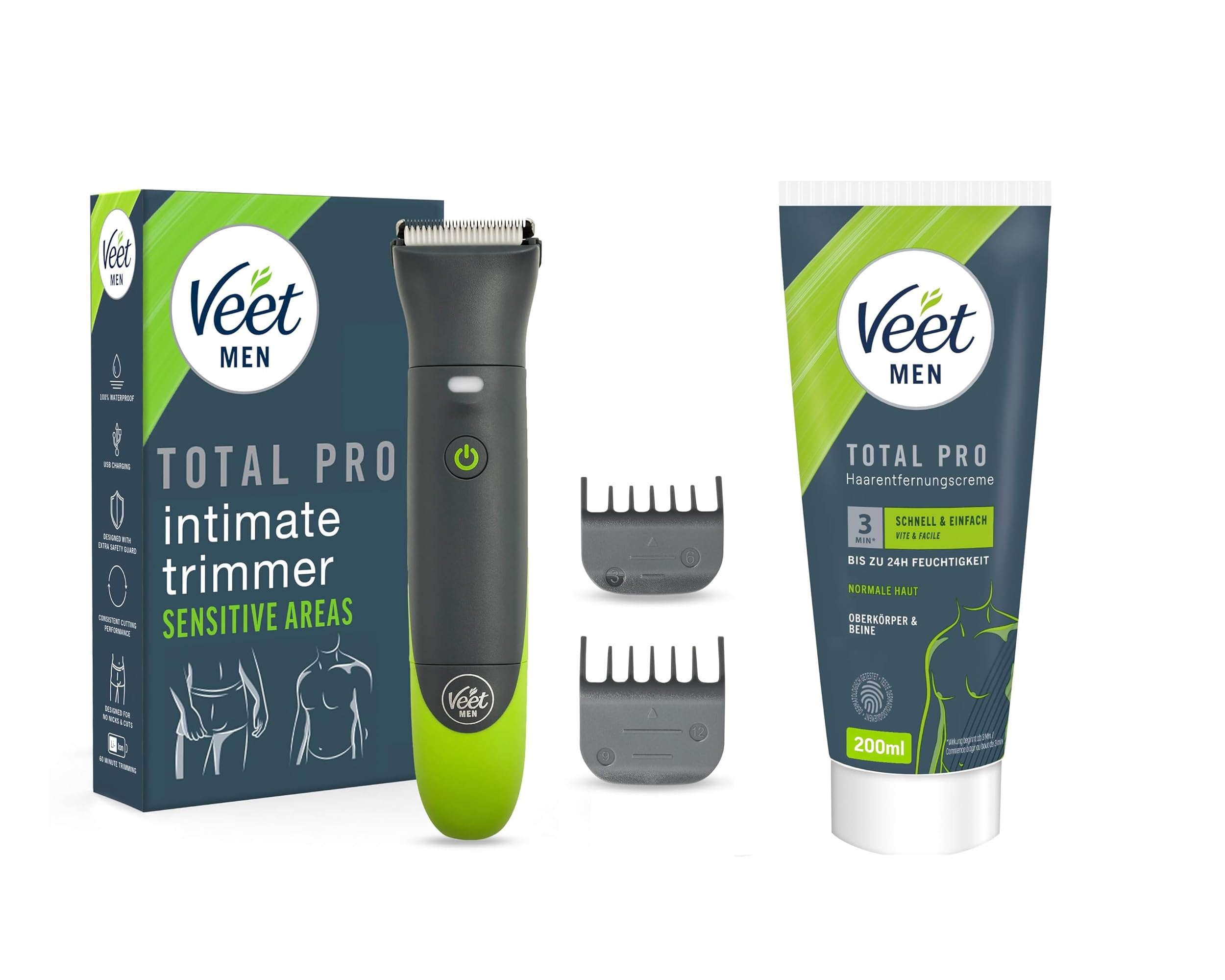 Veet Men Intimate Trimmer + Haarentfernungscreme 200 ml – Intimrasierer & Enthaarungscreme für Männer – Für Körper & Intimbereich – Bundle mit Spatel