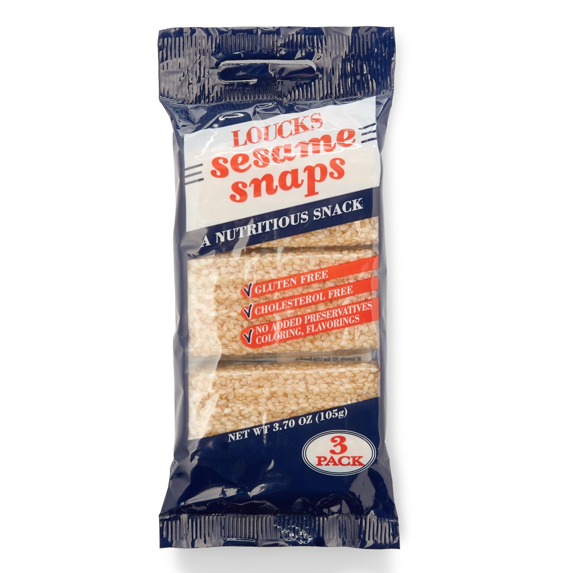 Loucks Original Sesame Snaps Candy Individually Wrapped 3-Pack (3 Bars, 4 Snap Pieces/Bar) Vegan, Gluten-Free, Cholesterol-Free, Kosher Sesame Seed