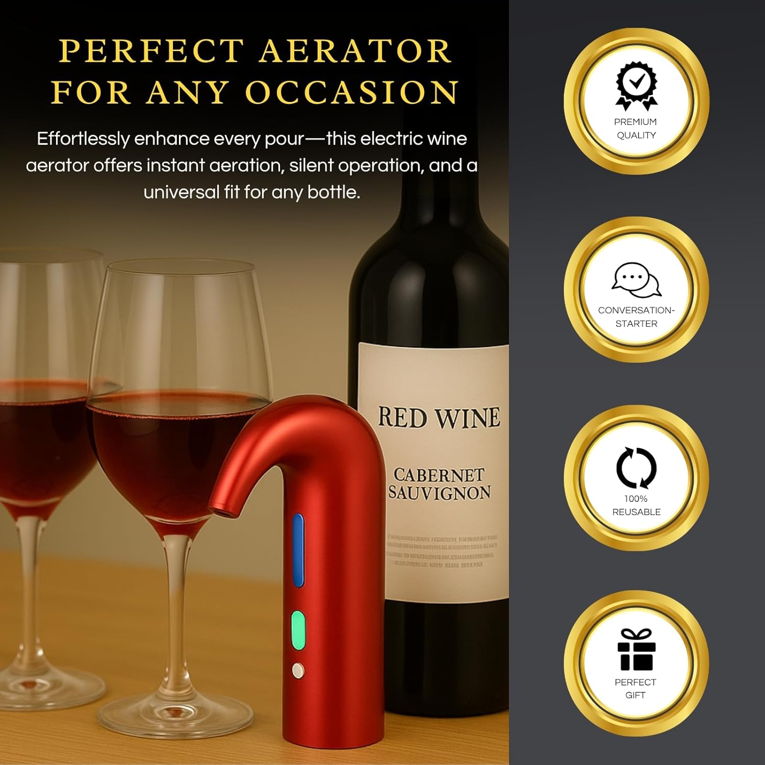 Electric Wine Aerator Dispenser - Portable Premium Opener Accessory for Red & White Wines - Touch Activated Aeration for Spirits - Spout Pourer - Beginner and Enthusiast Gift (RED)