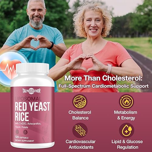 Miniatura 6 de Arroz liposomal de levadura roja 1200 mg con CoQ10 y astaxantina  Levadura de arroz para colesterol, apoyo cardiovascular y metabólico  Alta