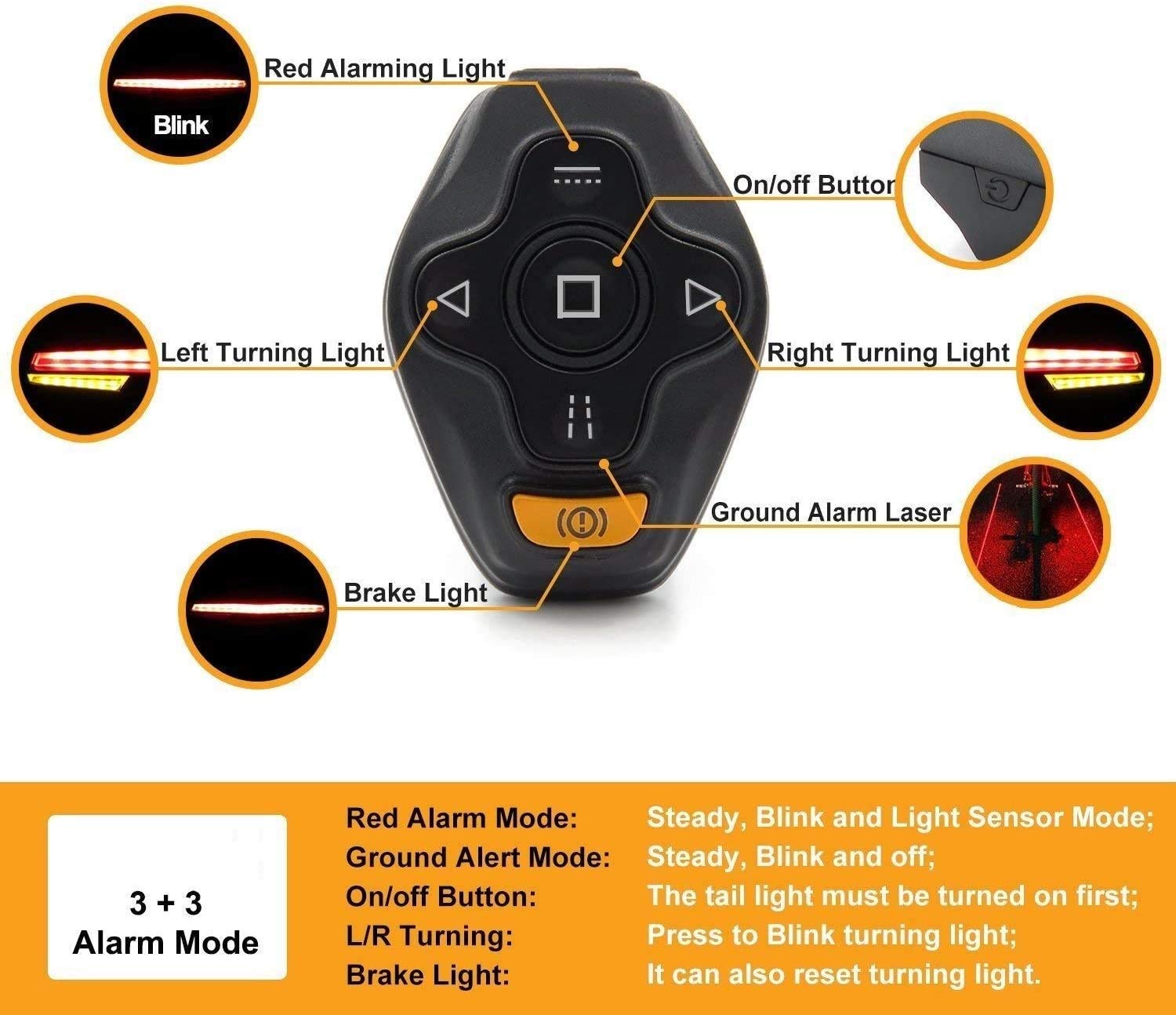 Luz de la cola de la bicicleta con señales de giro-Control remoto inalámbrico IPX4 Bicicleta impermeable Traslight-USB Seguridad recargable de seguridad Bicicleta Freno de bicicleta Luces trasera