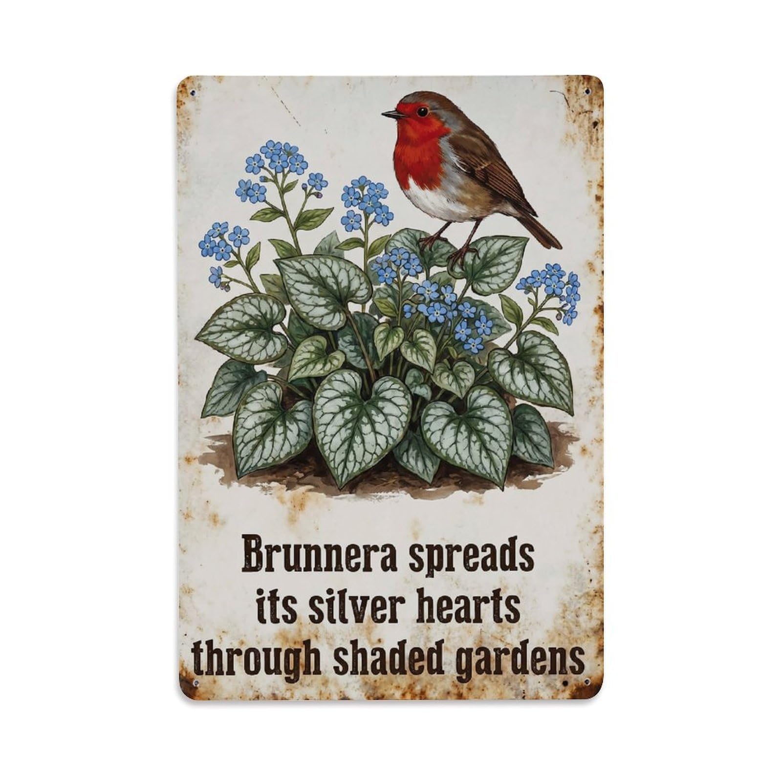 Robin Bird Garden Quote Brunnera Heart Metal Tin Sign