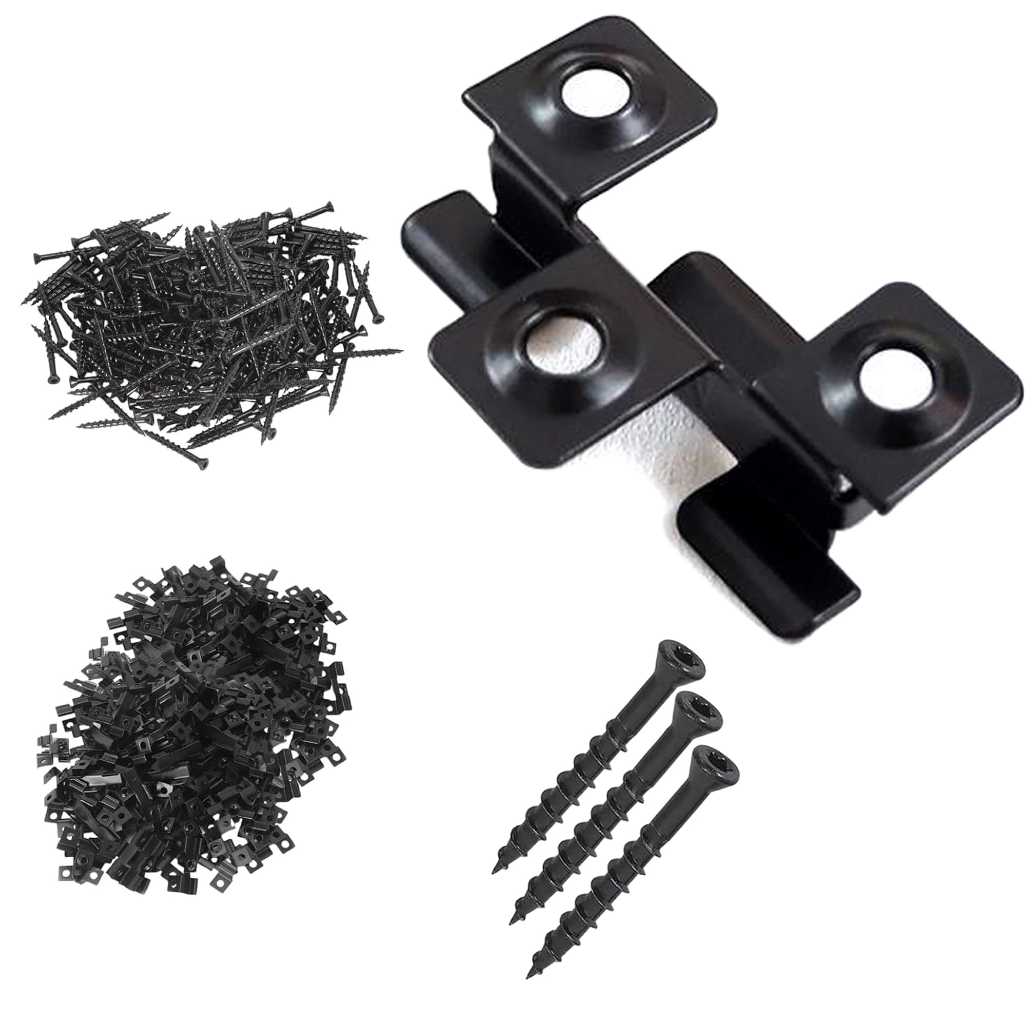 ERMWALR 100pcs 8mm Fastener Plate Clips Composite Decorative Panel Concealed Fixed Fastener Metal Clips with 300 Stainless Steel Screws, Used for Wooden Flooring Fixing (Black)