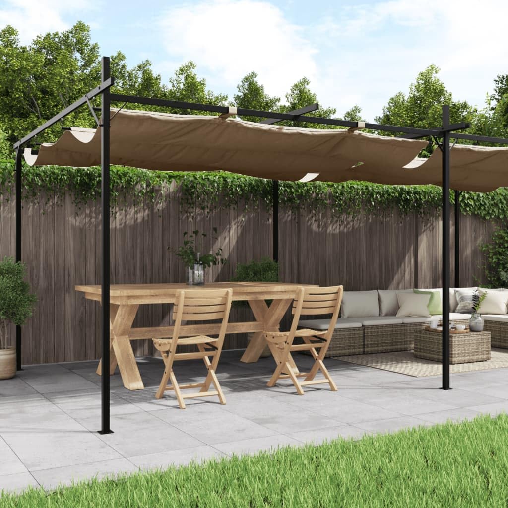 Pergola avec toit coulissant, taupe, 589 x 292 x 230 cm, cadre en aluminium revêtu par pulvérisation, toit en polyester résistant aux UV, tente de jardin pour terrasse, balcon, jardin