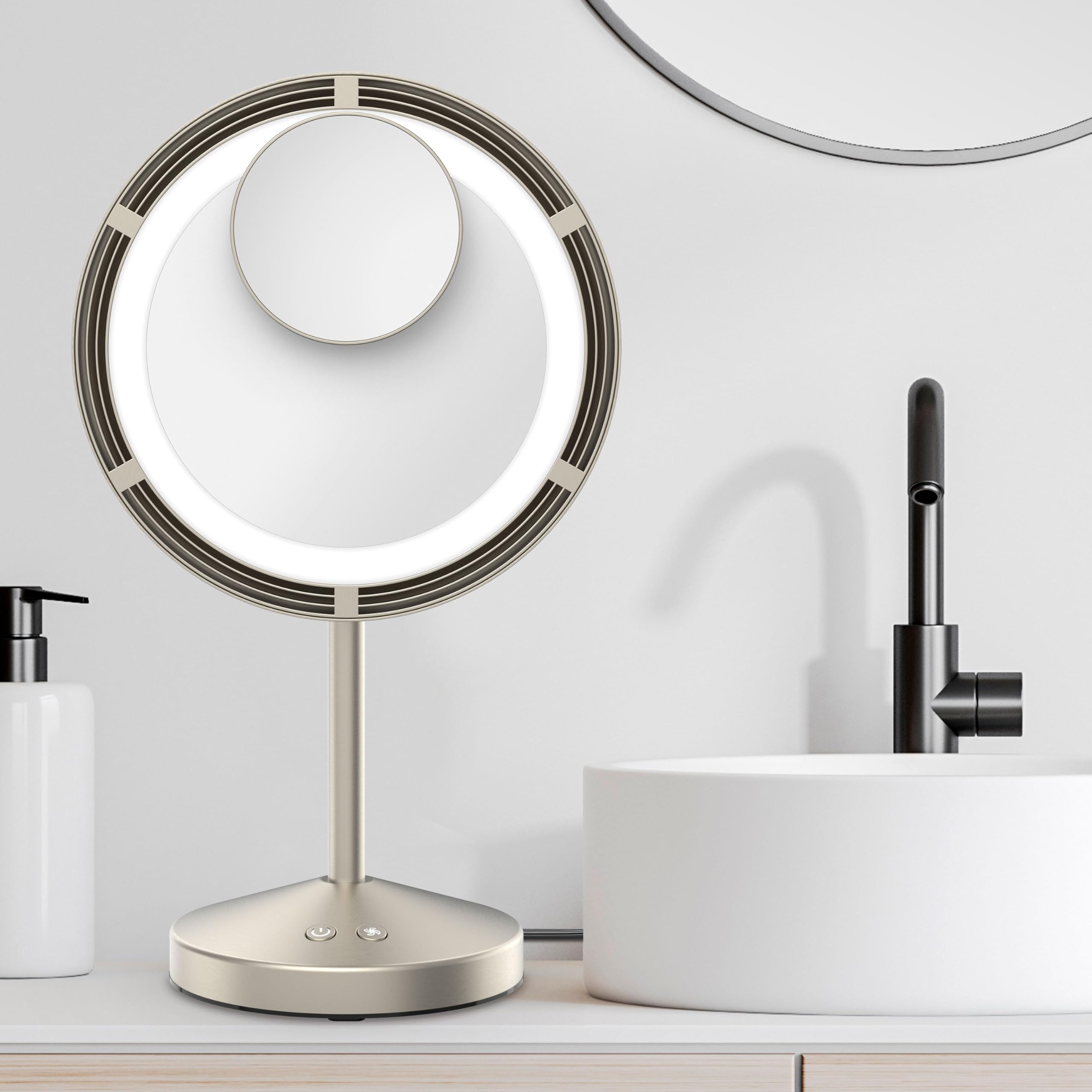 Conair Espejo de Maquillaje con Ventilador Iluminado LED con Aumento de Manchas, Espejo de Maquillaje con luz y Ventilador con 3 ajustes, área de visualización de 15 cm, Acabado de níquel Satinado | Ventilador integrado e iluminación LED de por vida con a