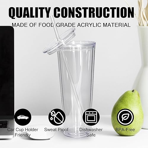 Miniatura 2 de AGH Vaso de globo de nieve (paquete de 4) – Vasos acrílicos de doble pared de 24 onzas con tapas y pajitas, vasos de plástico para globos de nieve