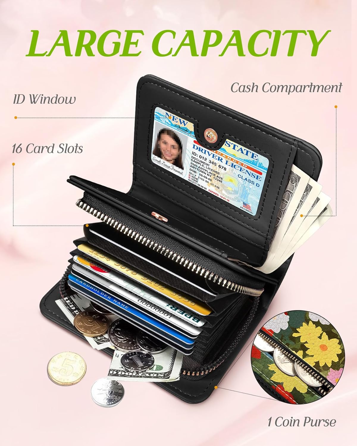 Bistup Credit Card Holder Wallet for Women Cute Leather Ladies Teen Girls Female Cardholder Wallets Accordion Purse Small Medium Aesthetic Print Modern Design Rfid Zipper Around - Image 3