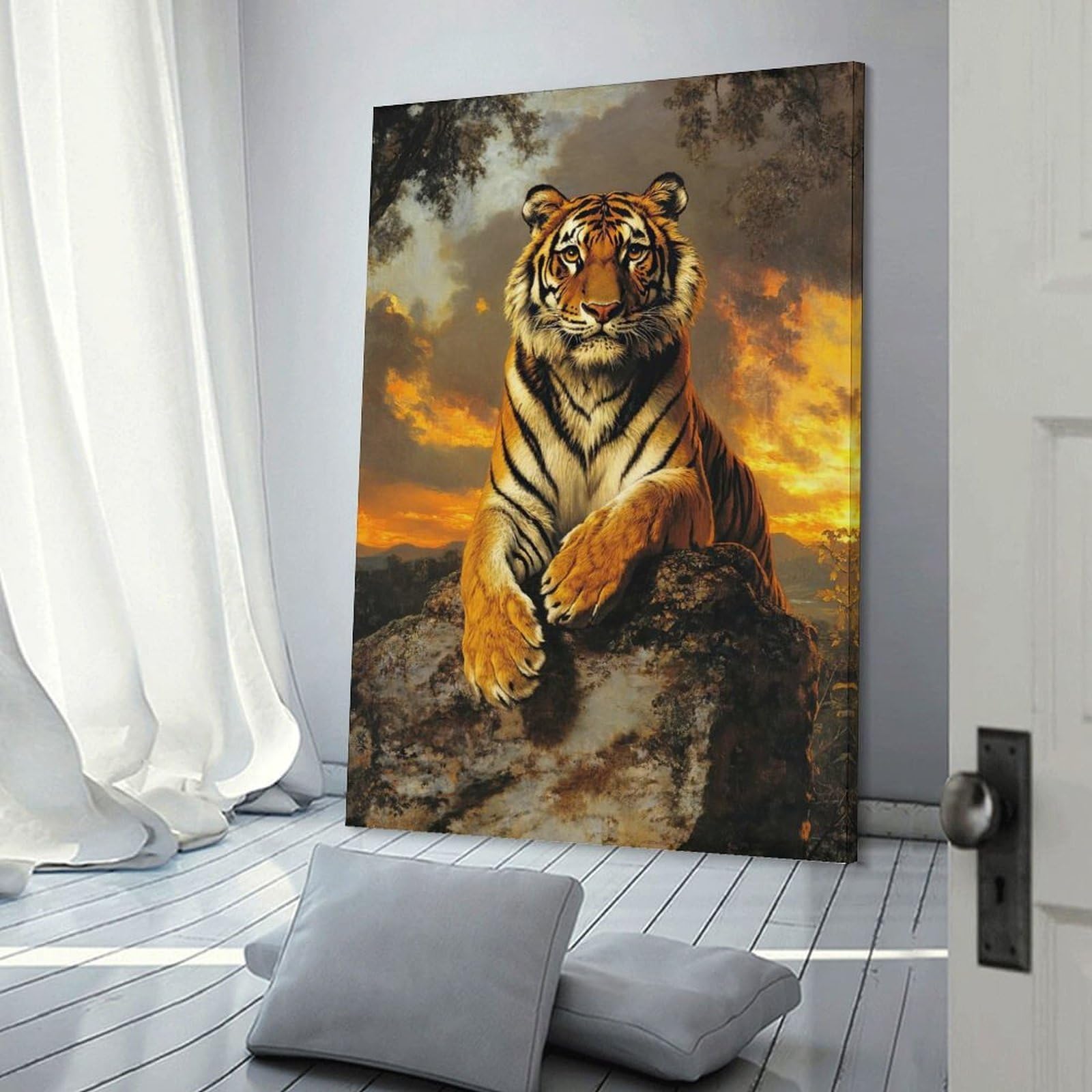 Junmoney Frame-Style-14 Majestic Tiger At Sunset Decorative Wall Artwork, 20X30inch(50X75cm), For Living Spaces, Bedrooms Or Relaxed Rooms, Modern Wall Decor For Cosy Interiors