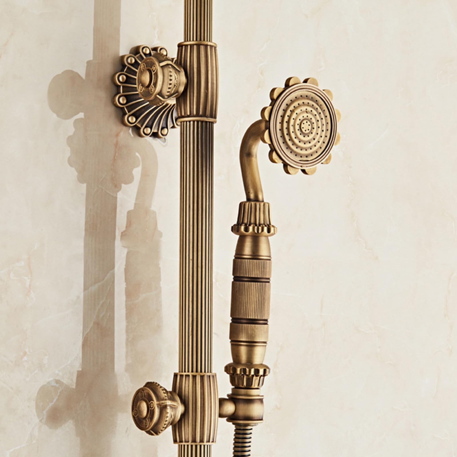 Système de Douche en Laiton Antique, Système de Douche à 3 Fonctions avec Tuyau Apparent, Douchette Supérieure de 21 cm, Douchette à Main et Robinet Rotatif(A2)