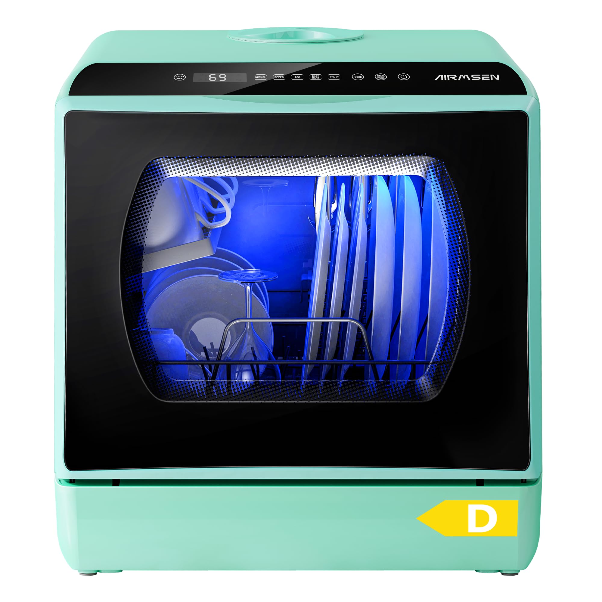 Mini Table Top Dishwasher, 6 Programs Countertop Dishwasher, 5L Water Tank, 2 Ways Water Supply, Touch Control & LED Display, Ideal for Home Kitchens, Apartments, Dorms, Green