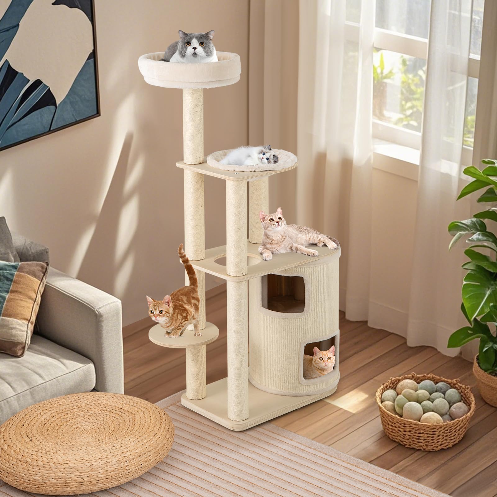 COSTWAY Árbol Rascador para Gatos de 151 cm, Torre Rascador de Escalada Gato con Poste Rascador, Condominio, Alfombra, Cama, Hamaca, Cojín Lavable, Centro de Actividades Multifuncional para Gatos
