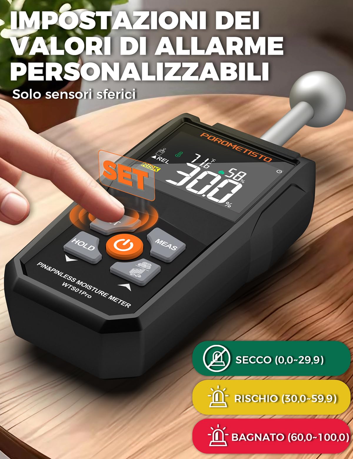 2 In 1 Igrometro Professionale Sonda Sfera&Sensore Pin, Misuratore Umidità Muri di livello Industriale, Igrometro Umidità Casa,20-40mm per Legno, Muratura, Pareti, Parquet