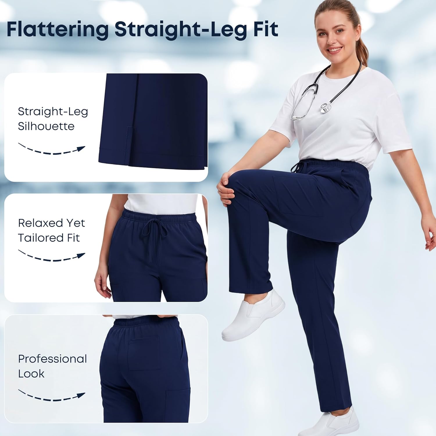 PANDAMED SCRUBS Womens' Medical Scrubs Pants, Stretch Tapered Fit, Elastic Drawstring Waistband, Multiple Pockets,XS-2XL