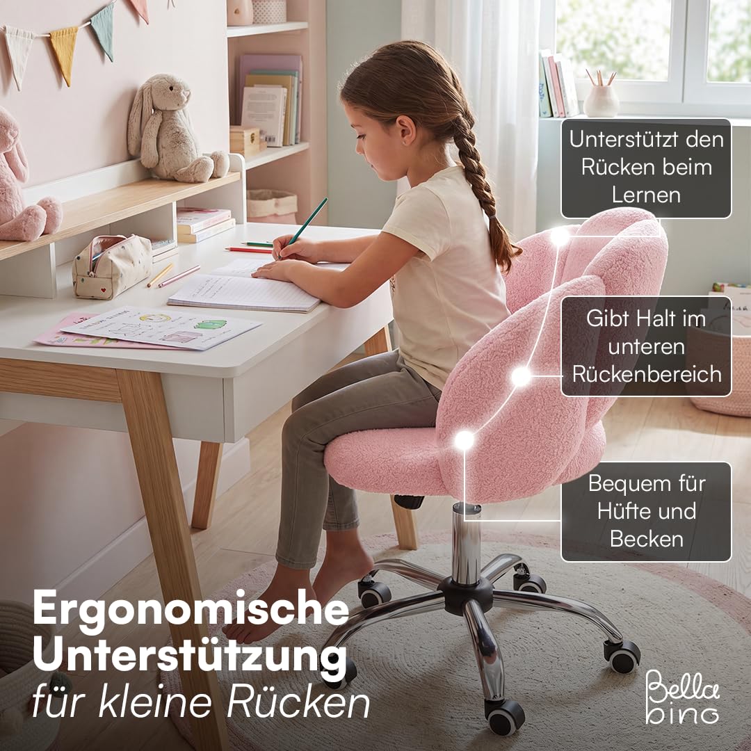 Bellabino Meli Kinderschreibtischstuhl in Wolkenform rosa – 360° Drehstuhl für Kinder- & Jugendzimmer – ergonomischer Kinderstuhl höhenverstellbar – gepolsterter Kinder Schminktischstuhl mit 5 Rollen