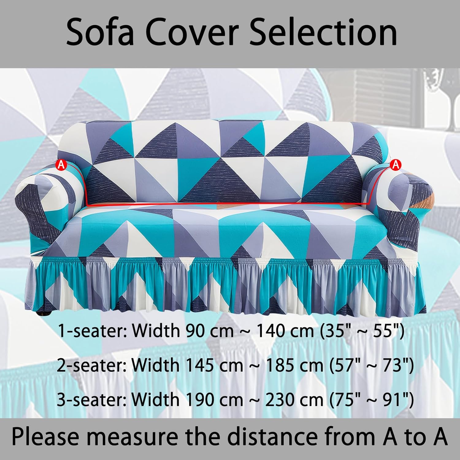 Printed Sofa Protector with Skirt Easy Fitted Furniture Cover High Stretch Non-Slip Couch Cover Washable Universal Sofa Slipcover Blue Geometric(75”-91”)