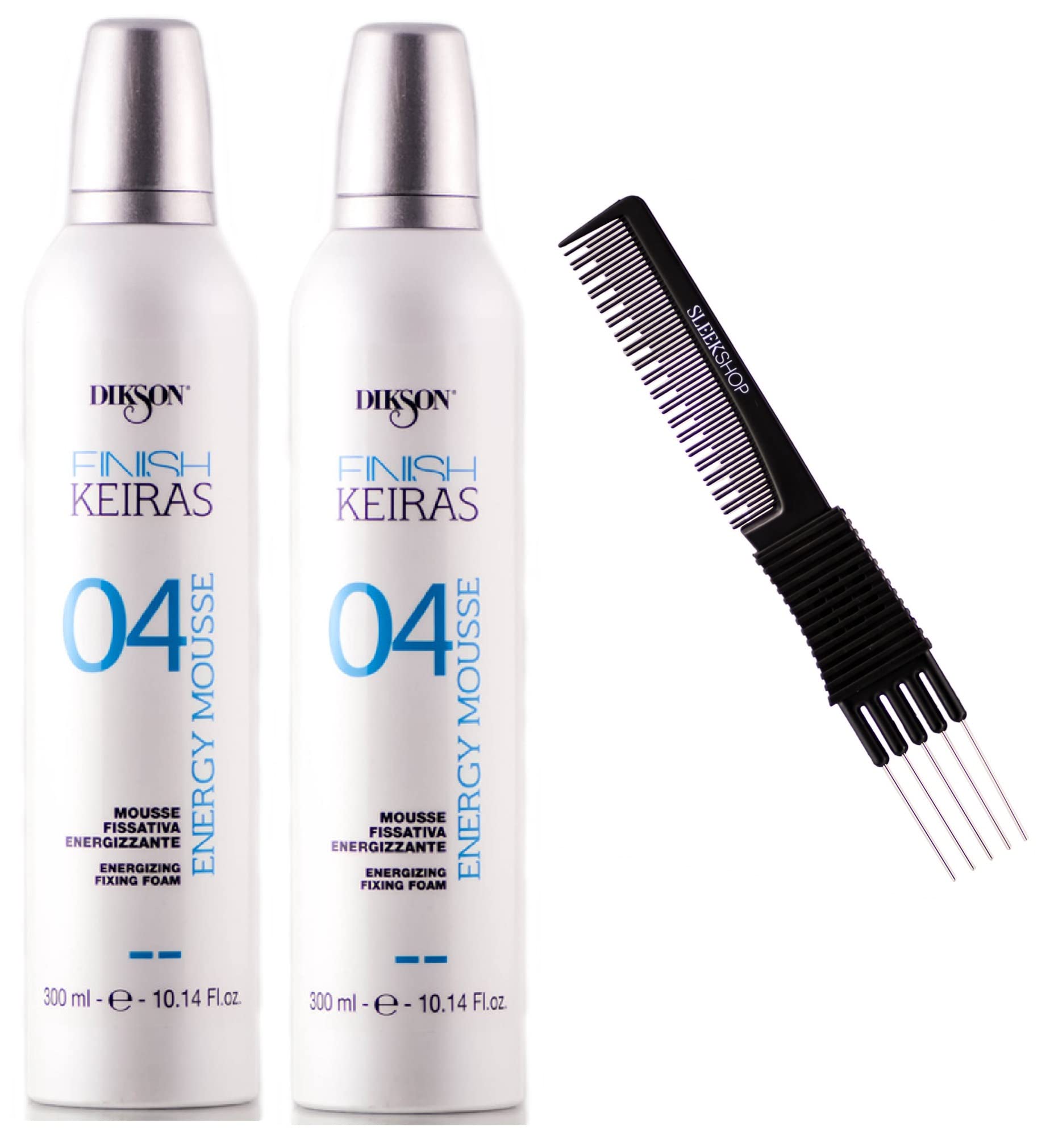 Dikson System FINISH KEIRAS 04 Energy Mousse, Energizing Fixing Foam for Hair Body (w/SLEEKSHOP Premium Carbon Teasing Comb) (10.14 oz (PACK OF 2))