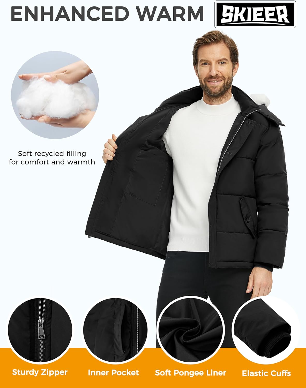 Skieer Men's Hooded Puffer Jacket Outdoor Waterproof Winter Coat Warm Parka with Detachable Hood - Image 4