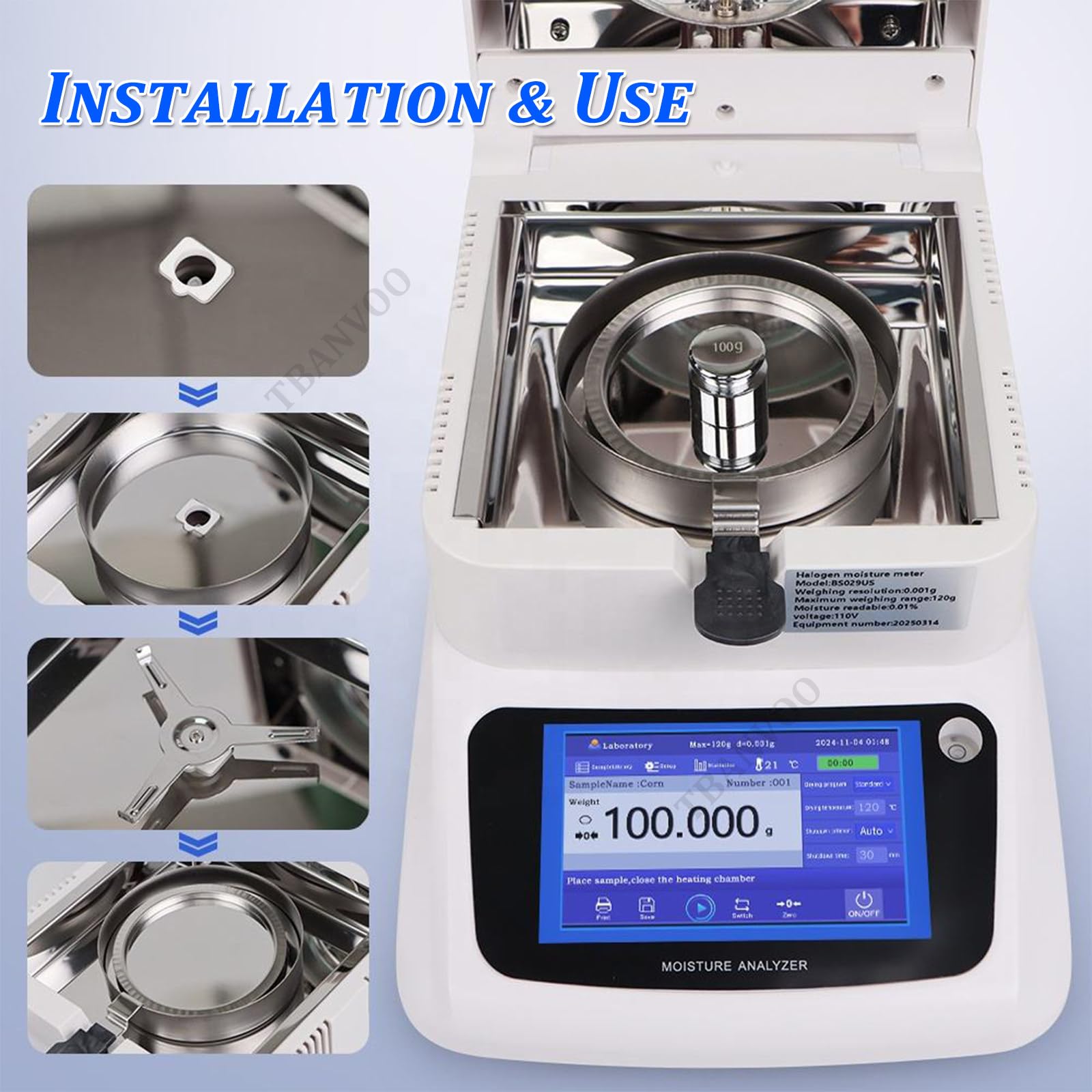 Genérico Analizador de Equilibrio de Humedad con precisión de 120 g/0,001 g, Pantalla táctil y Calentamiento rápido por halógeno para Pruebas de Laboratorio de Control de Calidad (1205 mA).