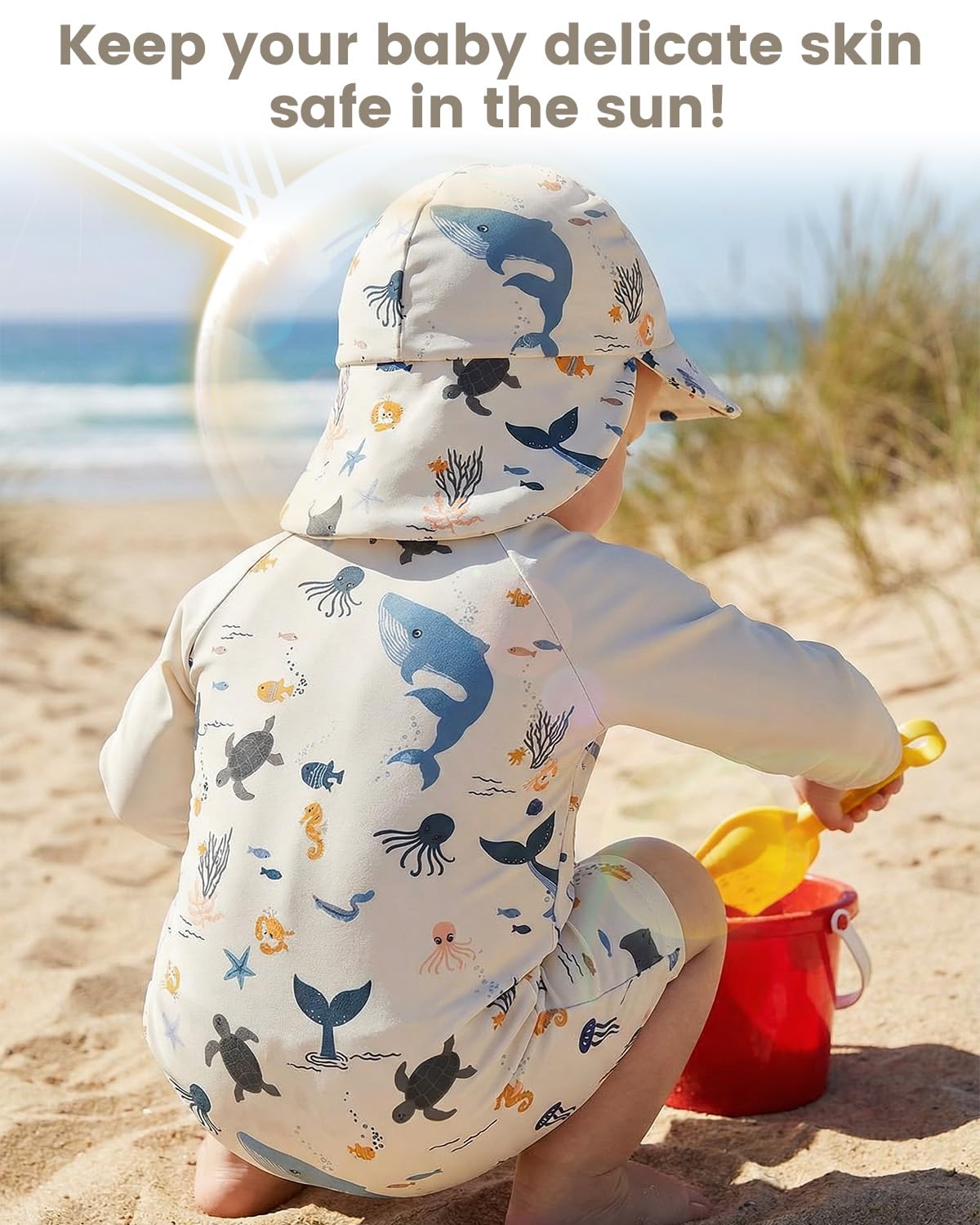 WYTbaby Jednoczęściowy kostium kąpielowy dla niemowląt, z długim rękawem, ochrona przed promieniowaniem UV, z kapeluszem przeciwsłonecznym
