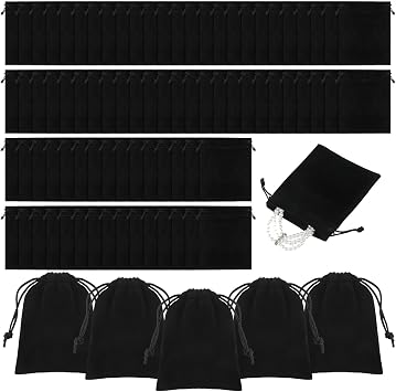 Lyksgir 100 Pcs 3 x 4 Inch Black Velvet Gift Bags with Drawstring, Small Jewelry Pouches, Soft Velvet Gift Bag, for Jewelry Bracelet Headphone Bead Earring Watch Coin Storage Party Favors Packaging