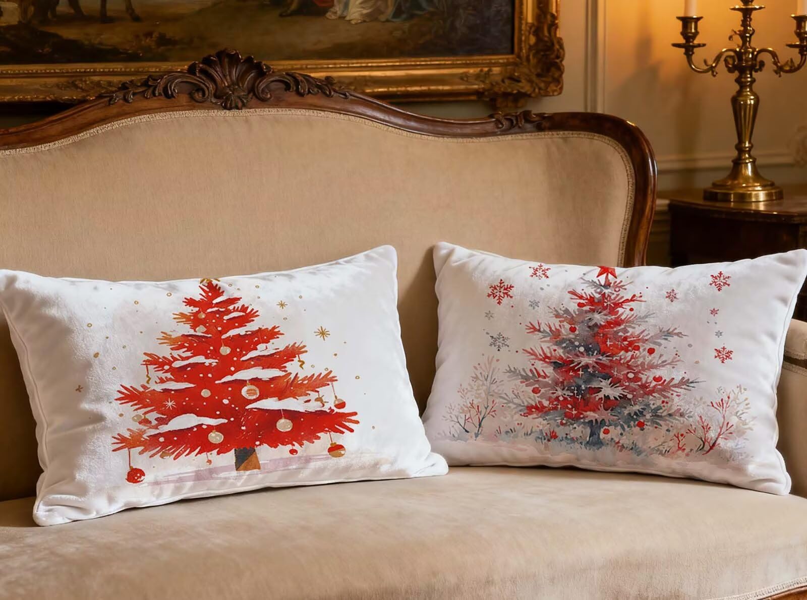 Housse de coussin blanc en velours 60x90cm au design arbre de Noël raffiné