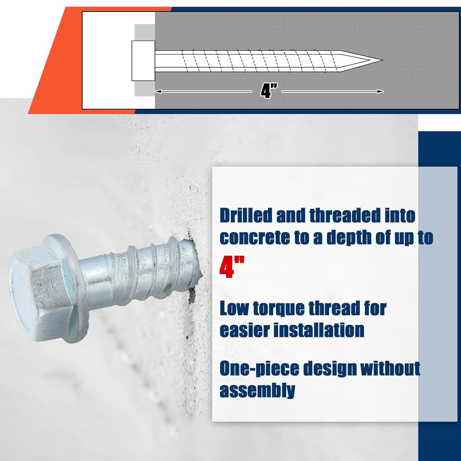 40 Pack 1/2 x 4 Concrete Screw Anchors Galvanized Large Diameter Heavy Duty Plated Concrete Anchors for Masonry Brick Anchoring Block Decking Framing Hex Drive