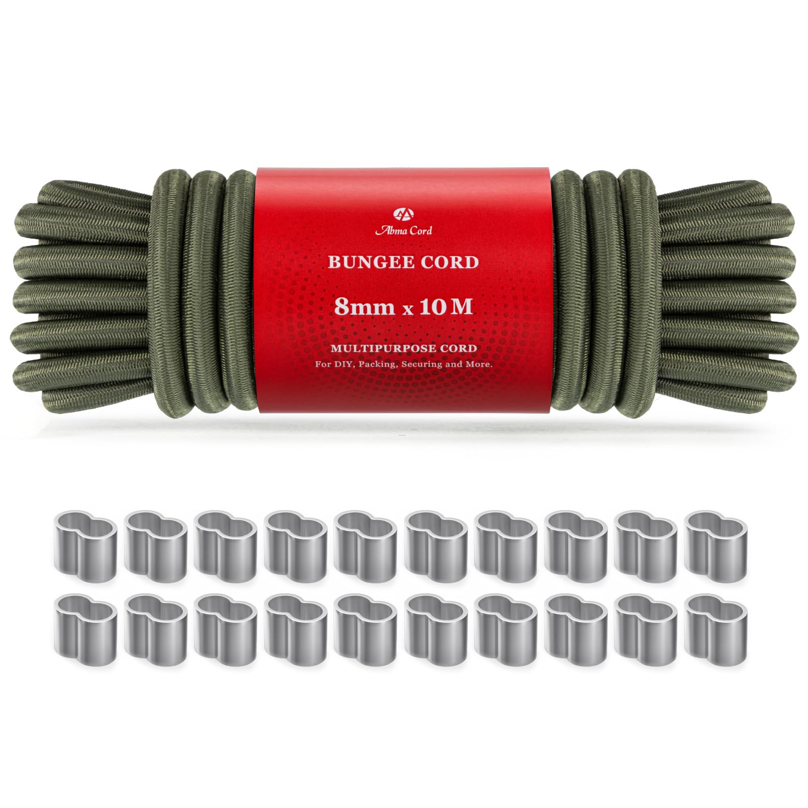 Abma Cord Bungee Cord 8mm 10M Elastic Shock Cord with 20Pcs Crimping Loop Sleeves for Trailer, Tarpaulin, Camping, Tent Pole, Kayak - Army Green