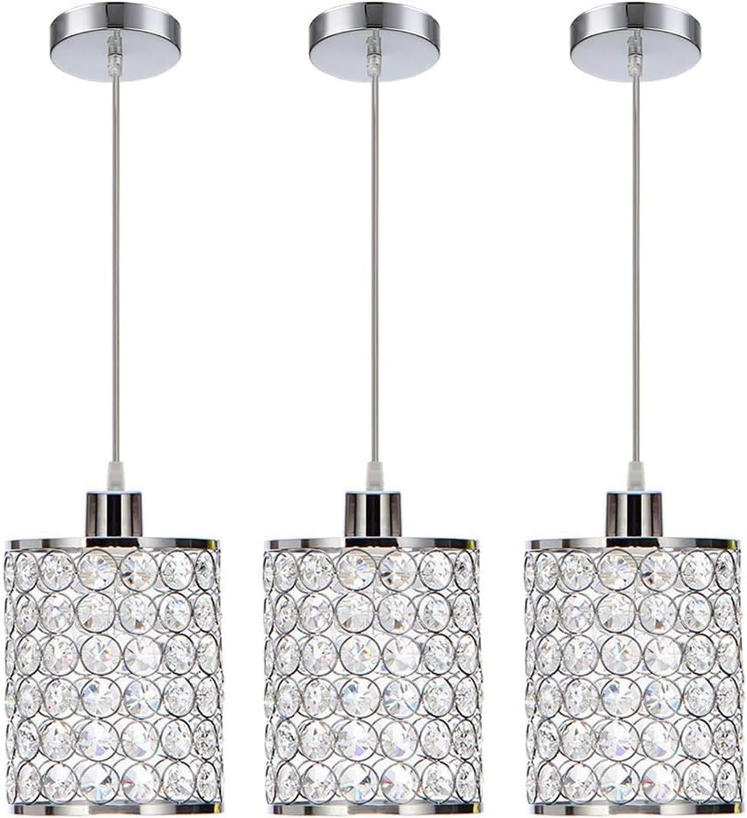 3 Pack Crystal Pendant Light, Modern Chrome Kitchen Island Pendant Lighting,Cord Adjustable Bar Ceiling Hanging Lights for Kitchen Dining Room Bedroom Bar