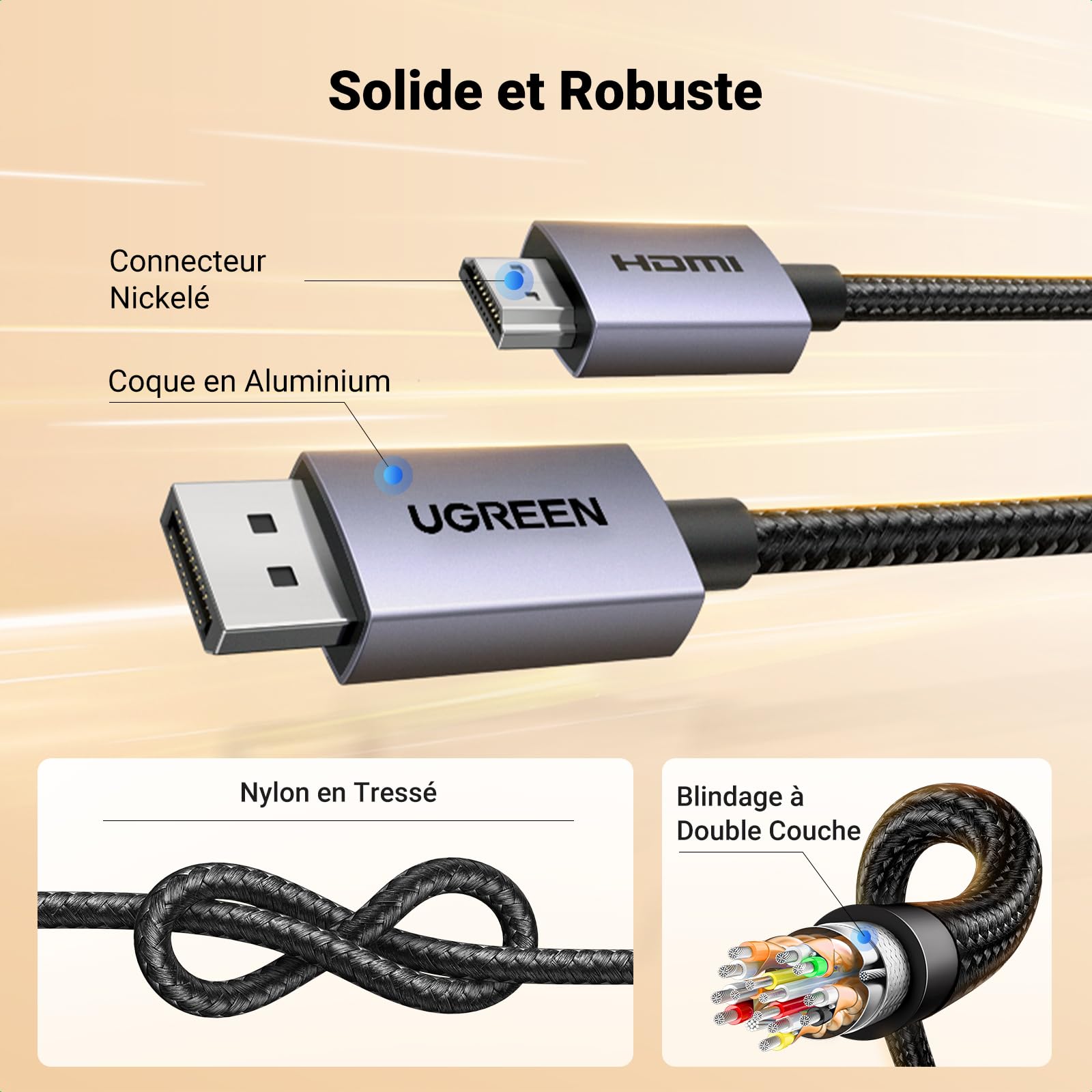 UGREEN Câble DisplayPort vers HDMI 4K 30Hz 2K 60Hz 1080P 120Hz 1.4 10.2 Gbps HDR HDCP Nylon Tressé 2M