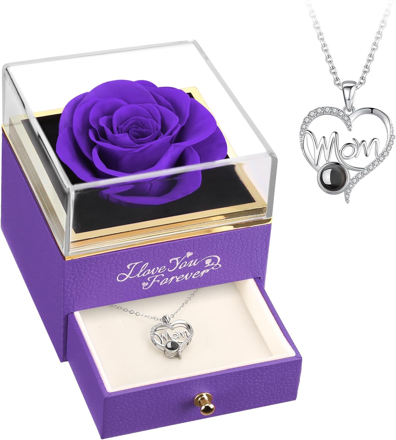 WILDLOVE Preserved Real Purple Rose with Mom Necklace - Gifts for Mother’s Day, Christmas, Birthday Gifts for Mom - Long Lasting Forever Flowers Best Presents for Moms